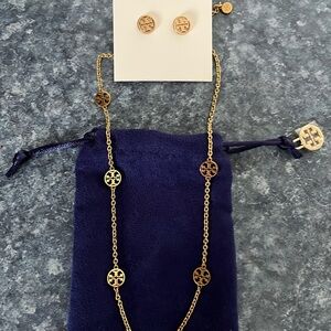 Tory Burch Gold Logo Necklace and Earring Set